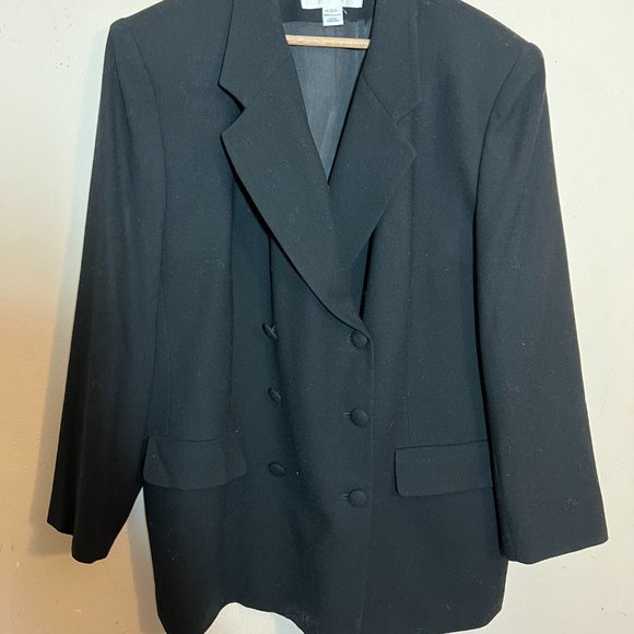 VTG 80s  Big Shoulders Double Breasted Long Wool Crepe Blazer Jacket Jones NY - Picture 5 of 6